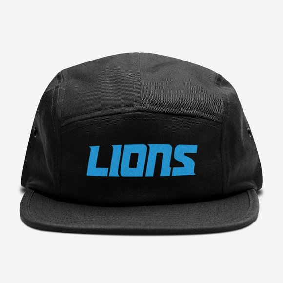 NEW Detroit Lions Wordmark 5 Panel Camper Strapback Hat BLACK - Picture 1 of 5